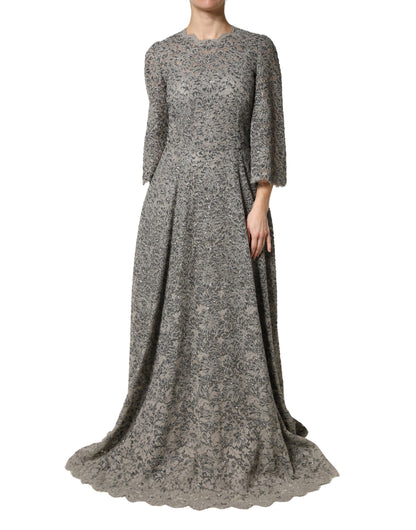 Gray Lace Long Sleeves Cotton Maxi Dress
