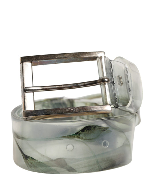 Men White Floral PVC Silver Metal Buckle Belt