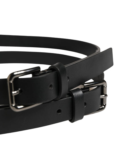 Black Double Strap Leather Silver Buckle Belt