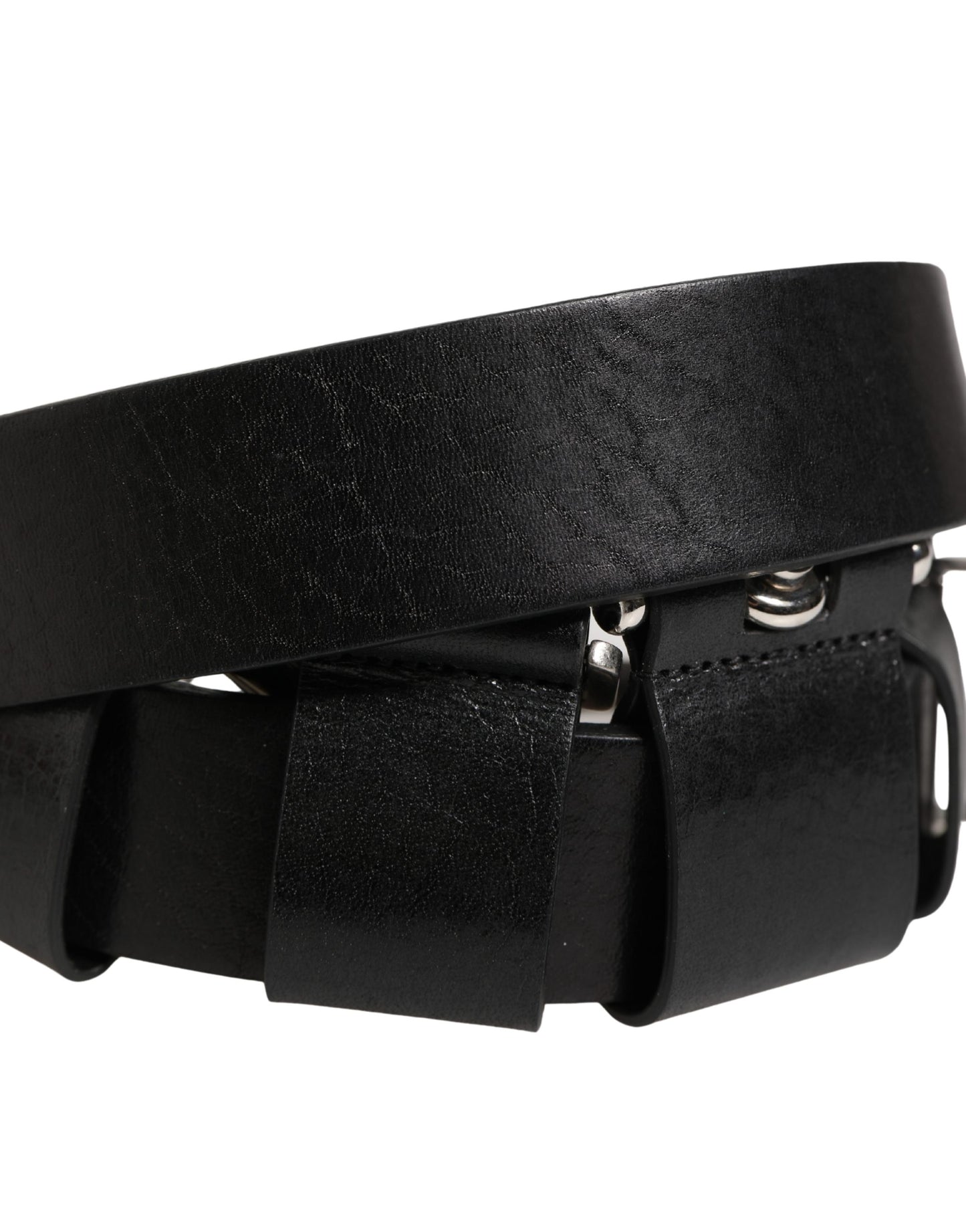 Black Calf Leather Silver Metal Buckle Belt