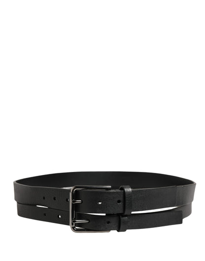 Black Double Strap Leather Silver Buckle Belt