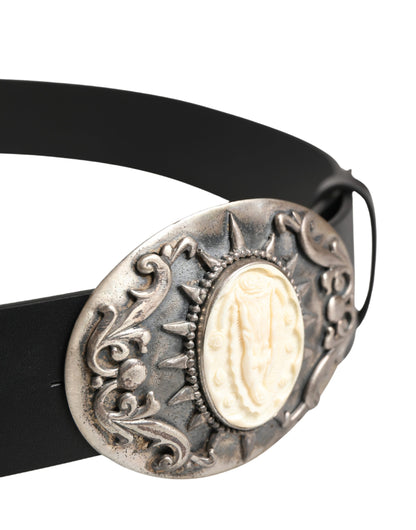 Black Calf Leather Ornate Metal Buckle Belt