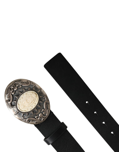 Black Calf Leather Ornate Metal Buckle Belt
