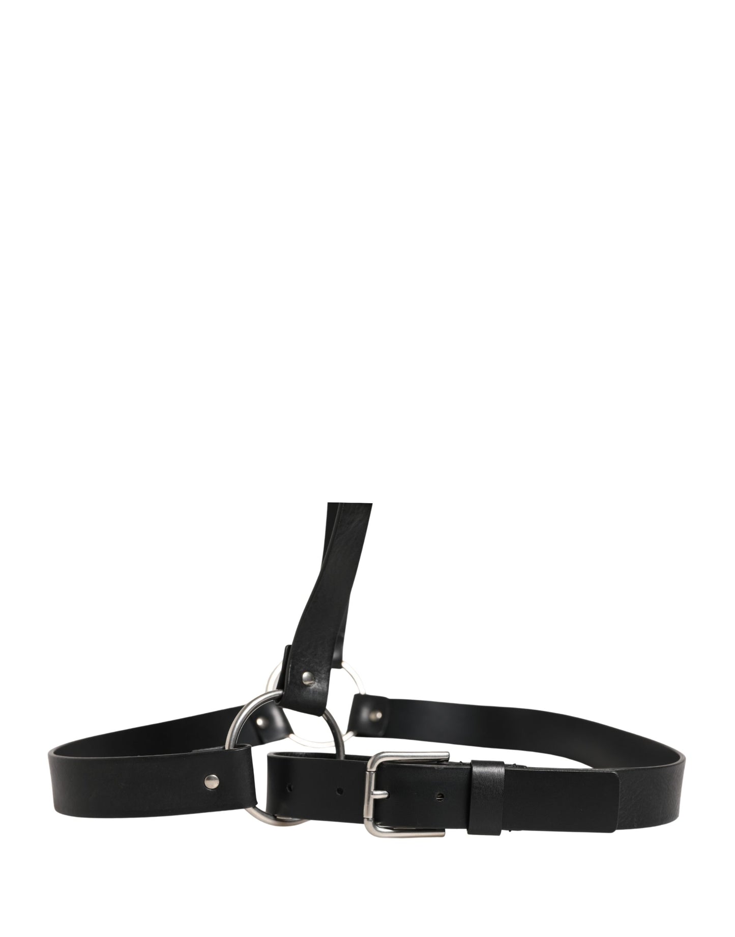 Black Double Strap Leather Silver Buckle Belt