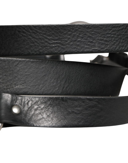 Black Double Strap Leather Silver Buckle Belt