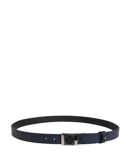 Men Blue Calfskin Leather Square Buckle Belt