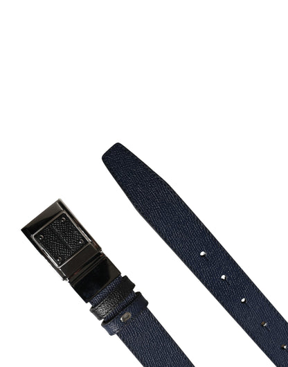 Men Blue Calfskin Leather Square Buckle Belt