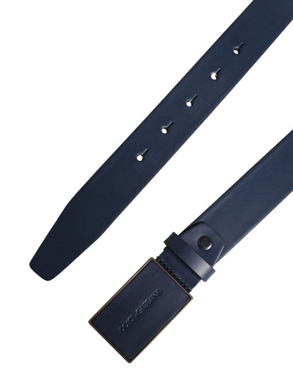 Men Blue Calf Leather Logo Metal Buckle Belt