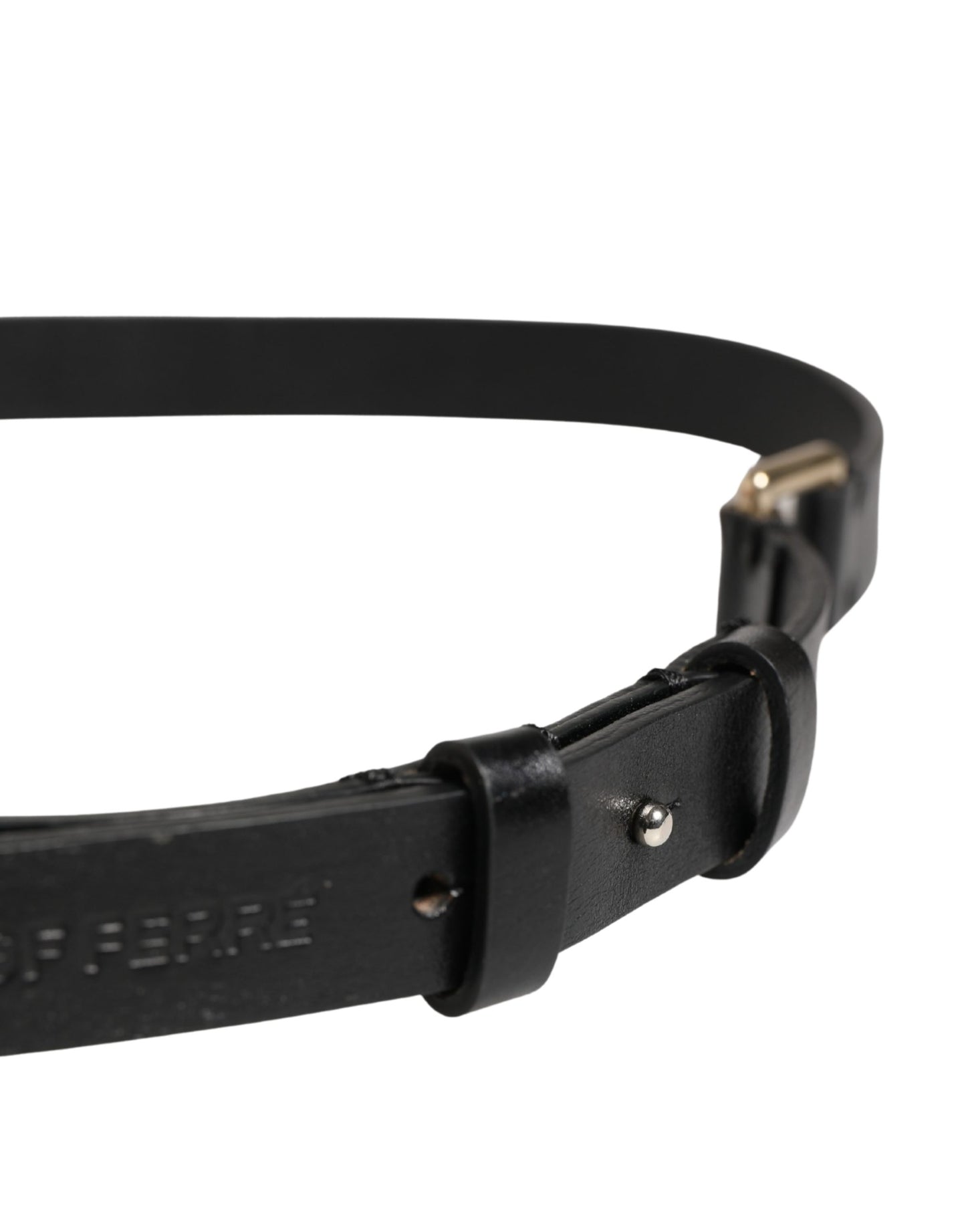 Black Leather Thin Gold Metal Brass Buckle Waist Belt