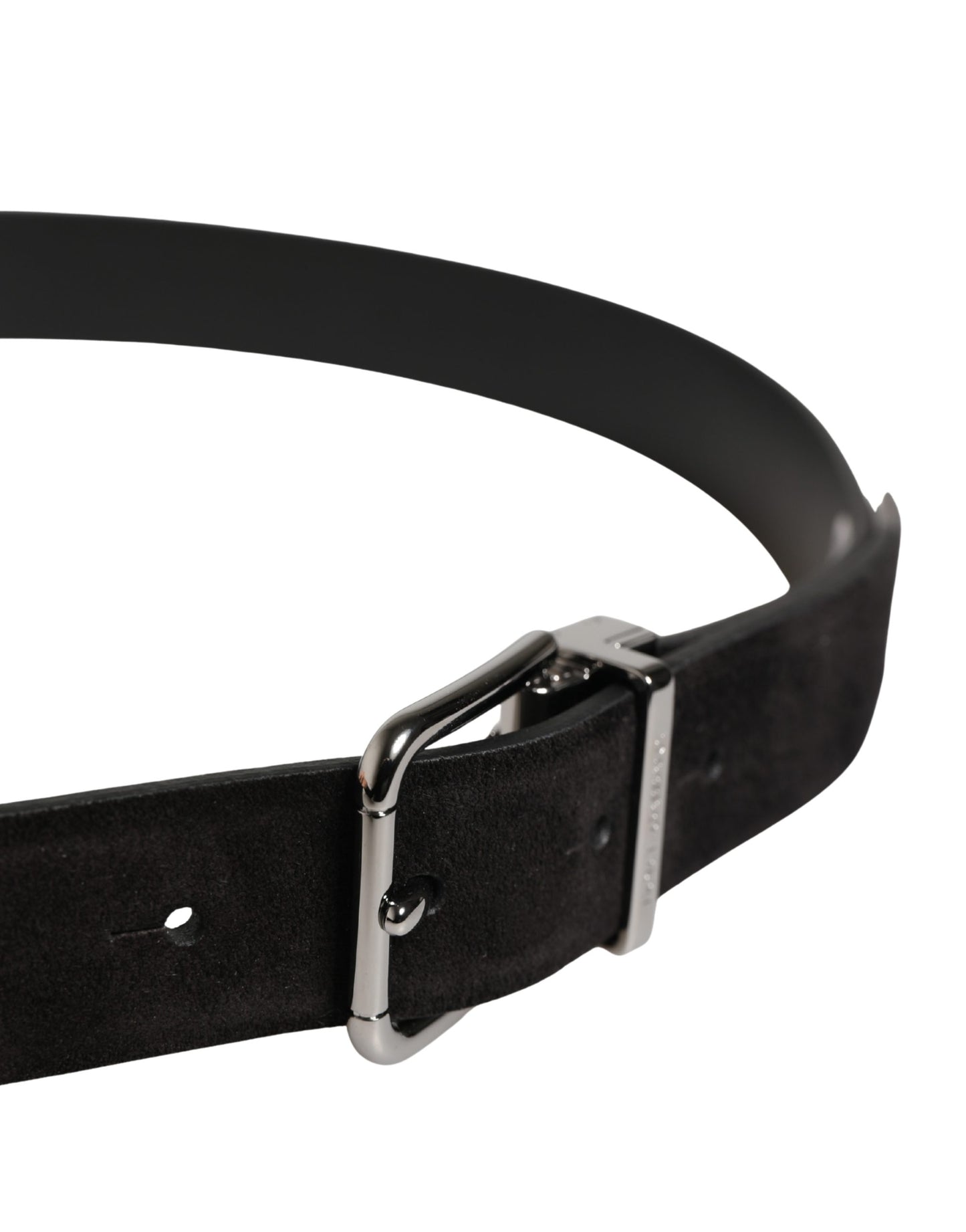 Black Calfskin Leather Silver Metal Buckle Belt