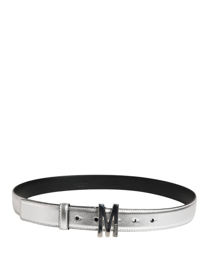 Silver Leather Logo Metal Buckle Waist Belt