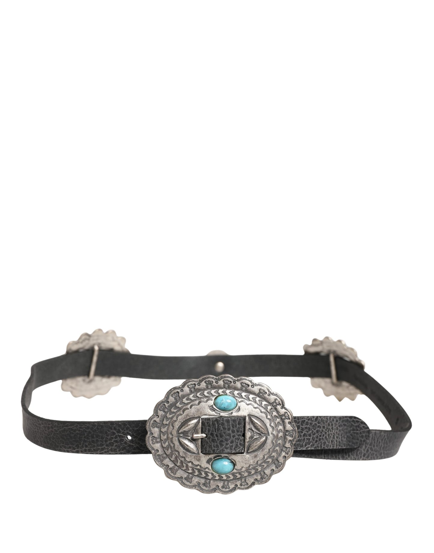 Black Turquoise Leather Embellished Oval Buckle Belt