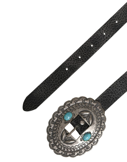 Black Turquoise Leather Embellished Oval Buckle Belt