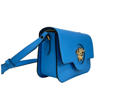 Versace La Medusa Blue Leather Shoulder Crossbody Bag Purse