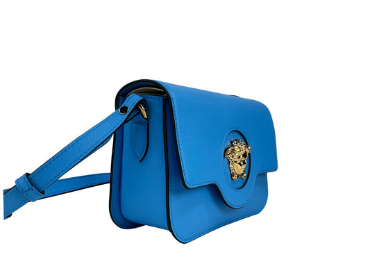 Versace La Medusa Blue Leather Shoulder Crossbody Bag Purse