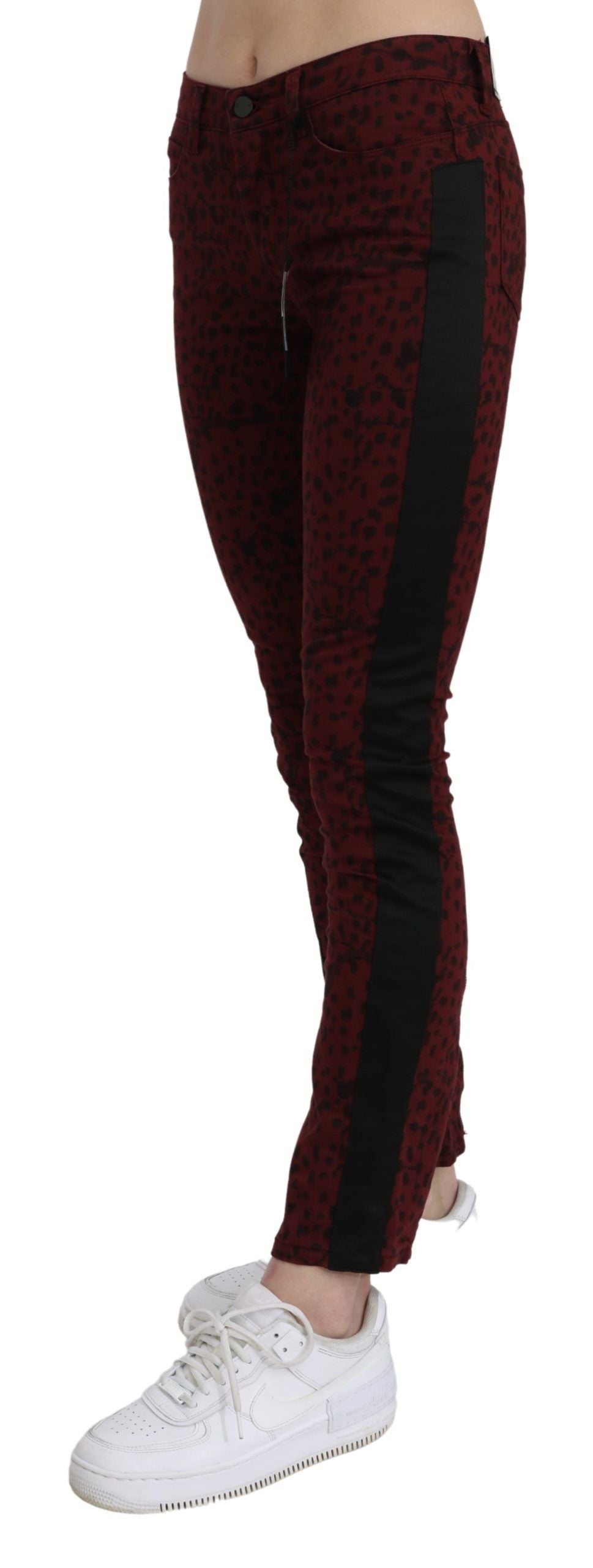 Dark Red Mid Waist Slim Fit Cotton Jeans
