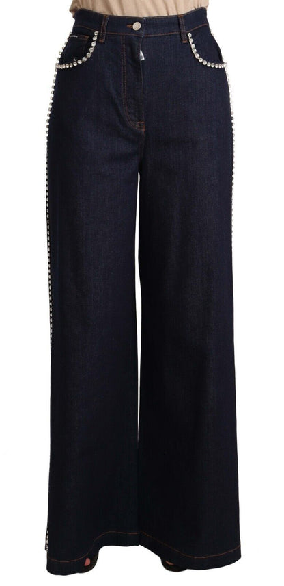 Dark Blue Crystal Embellished Flare Jeans