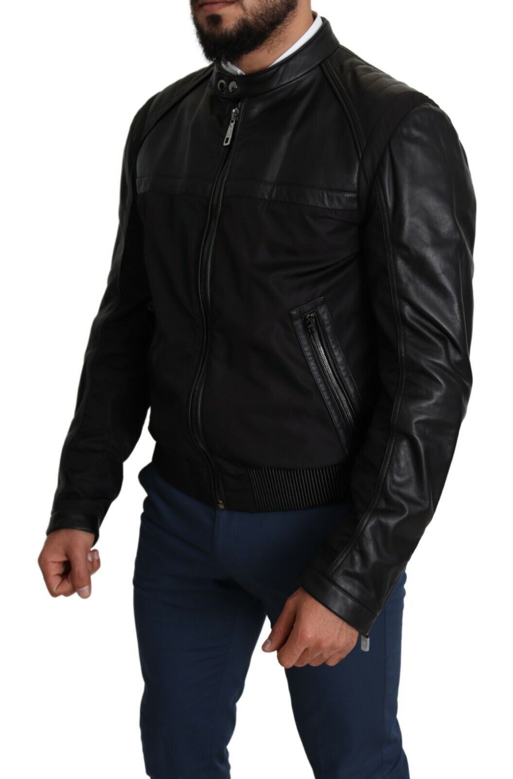 Black Nylon Full Zip Men Bomber Coat Jacket