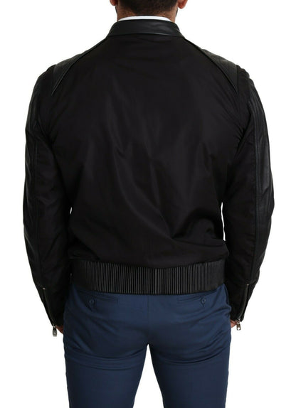 Black Nylon Full Zip Men Bomber Coat Jacket