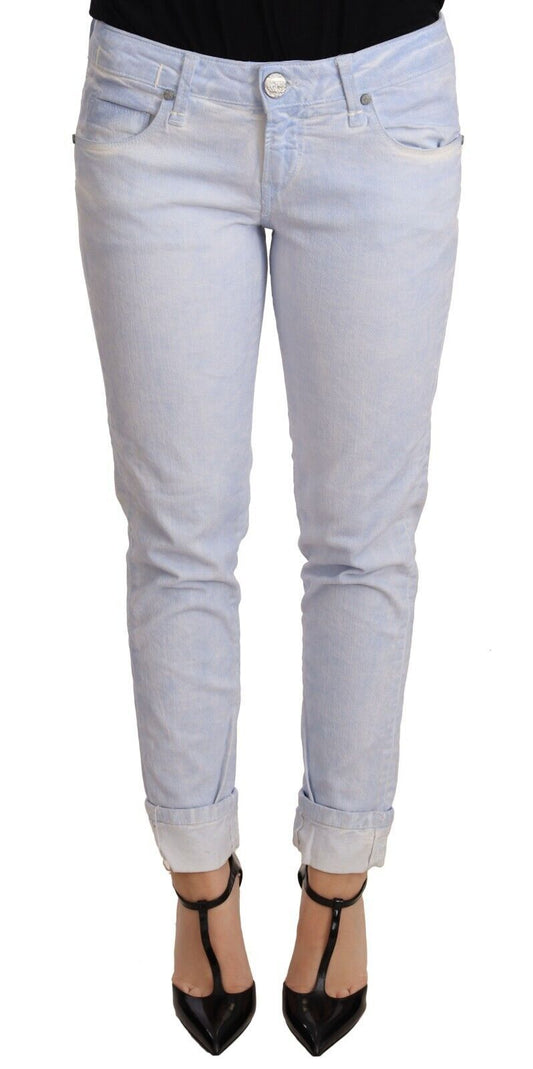 Light Blue Cotton Folded Hem Denim Skinny Women Trouser Jeans