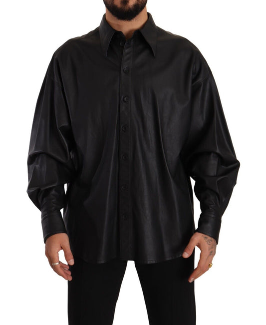 Black Leather Button Down Men Collared Jacket