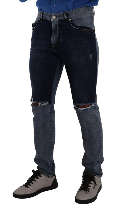 Blue Two Tone Tattered Cotton Slim Denim Jeans