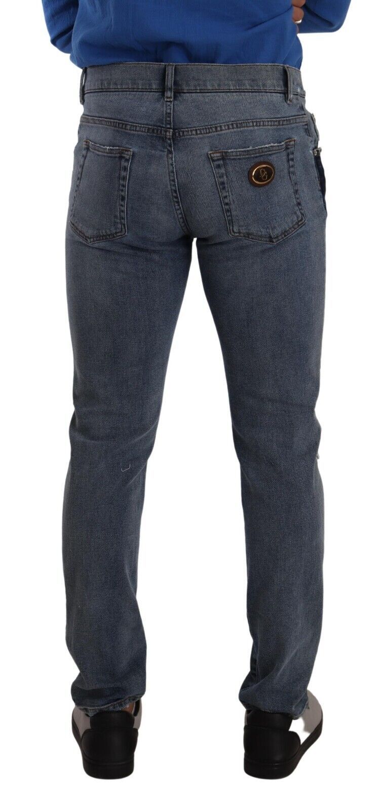 Blue Two Tone Tattered Cotton Slim Denim Jeans