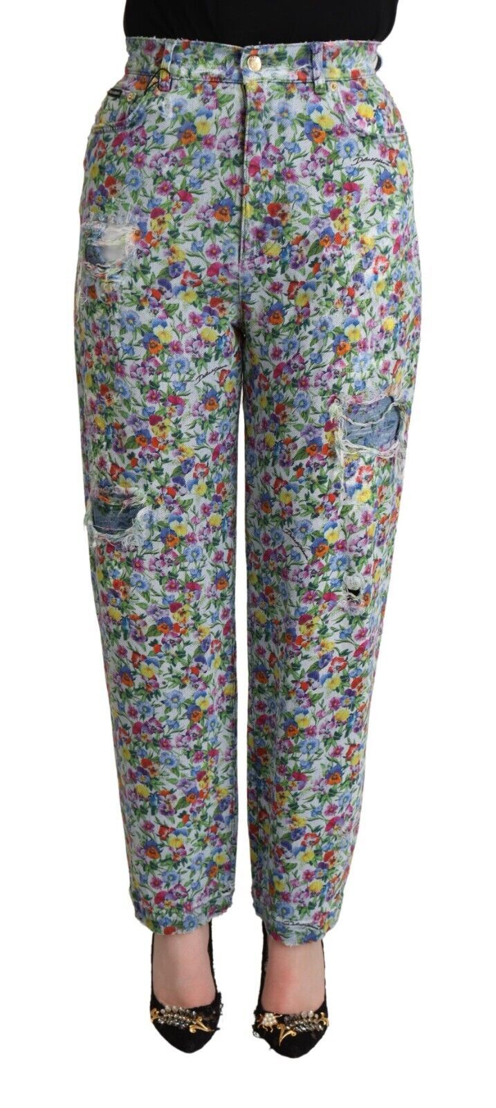 Blue Floral Print High Waist Denim Tapered Jeans