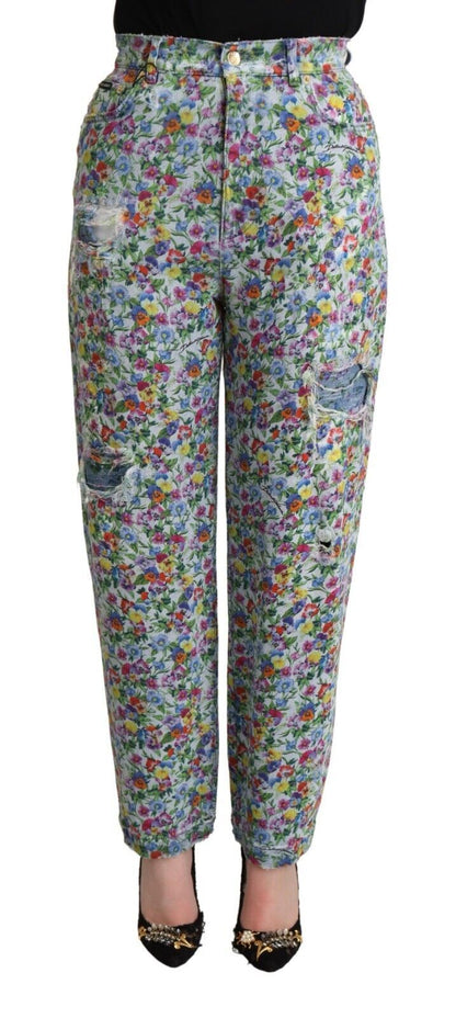 Blue Floral Print High Waist Denim Tapered Jeans
