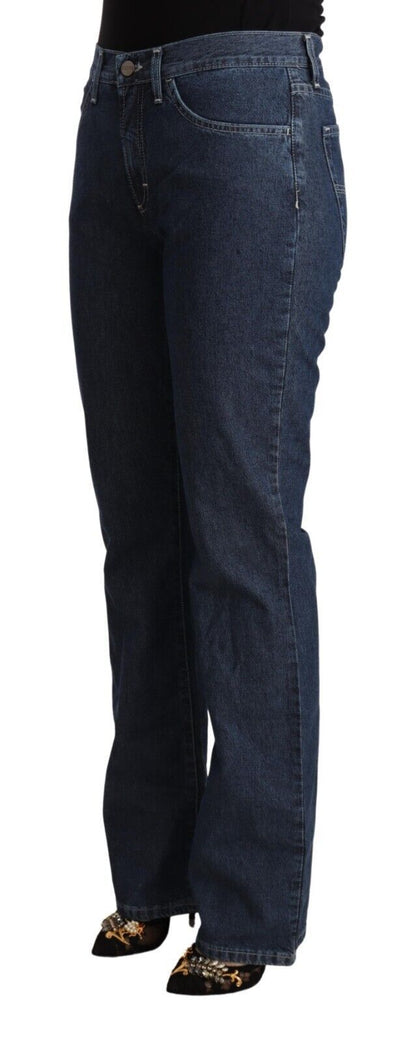 Blue Cotton Mid Waist Flared Denim Jeans