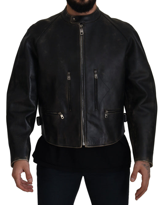 Black Leather Zipper Biker Coat Jacket