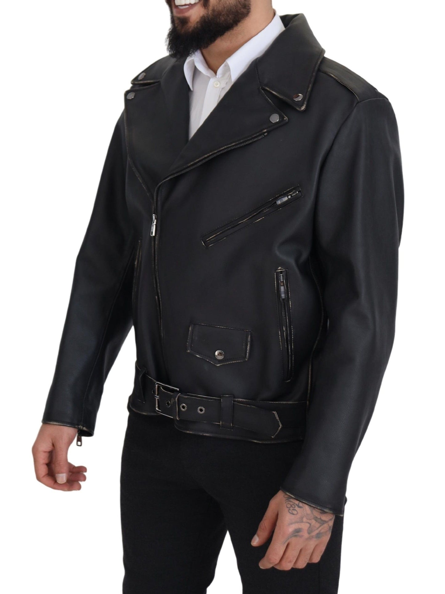 Black Leather Biker Coat Zipper Jacket