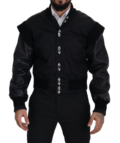 Black Nylon Crystals Coat Buttons Jacket