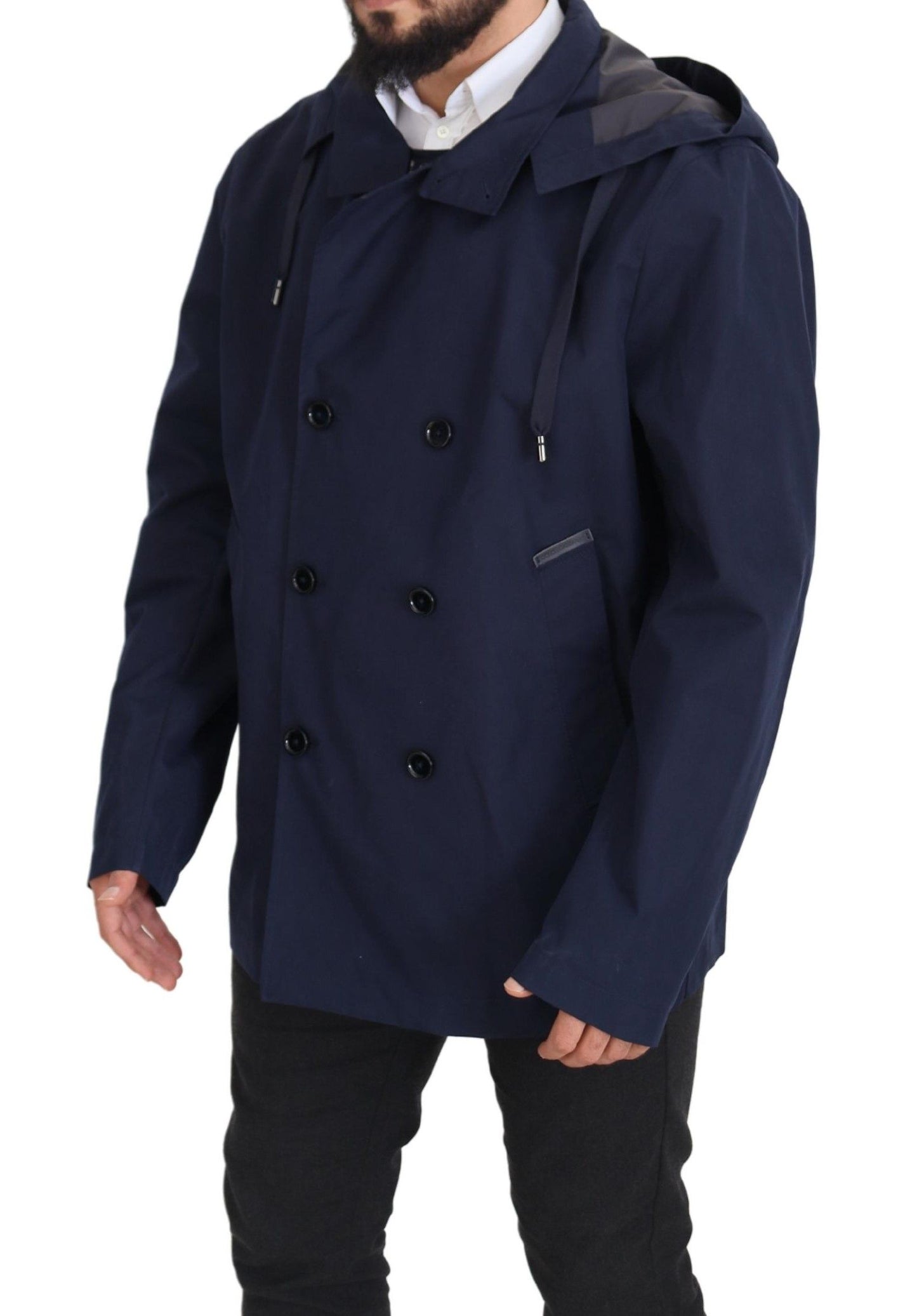 Blue Hooded Double Breasted Coat Jacket