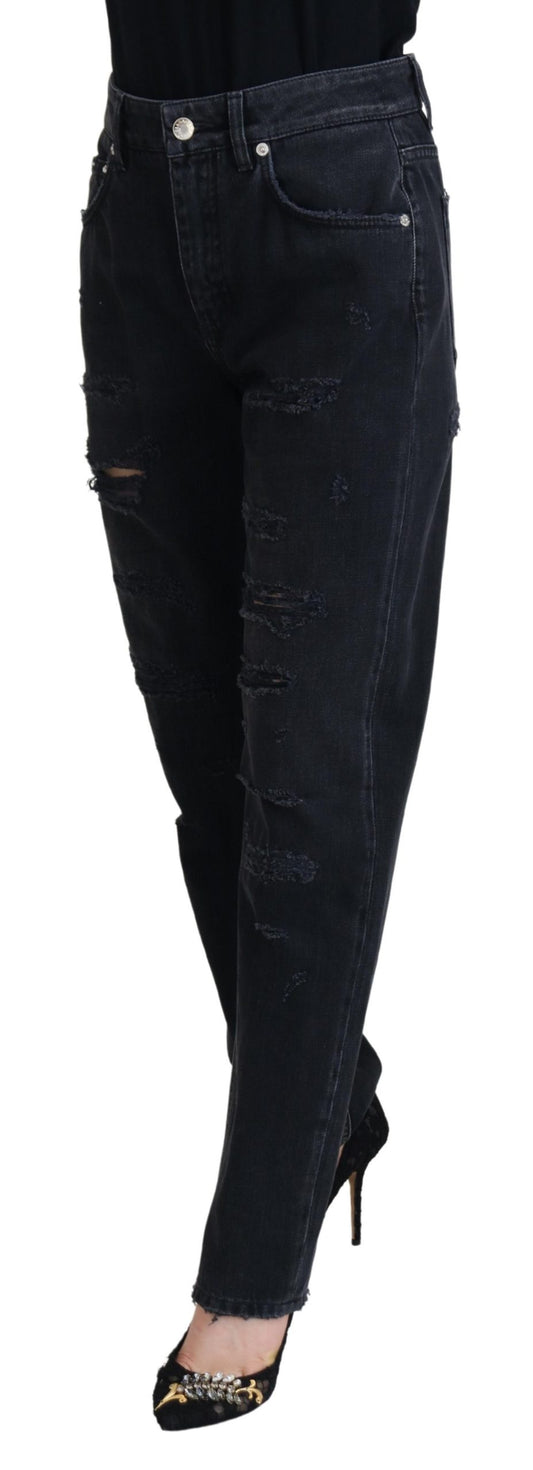 Black Cotton Tattered High Waist Denim Jeans