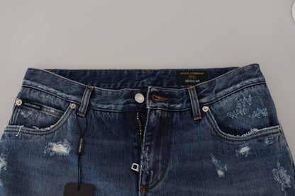 Blue Cotton Tattered Men Denim Jeans