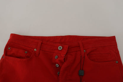 Red Cotton Straight Fit Men Denim Jeans