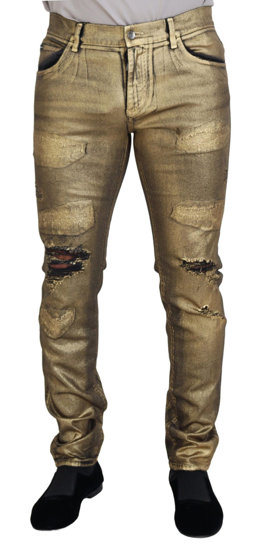 Gold Cotton Tattered Skinny Men Denim Jeans