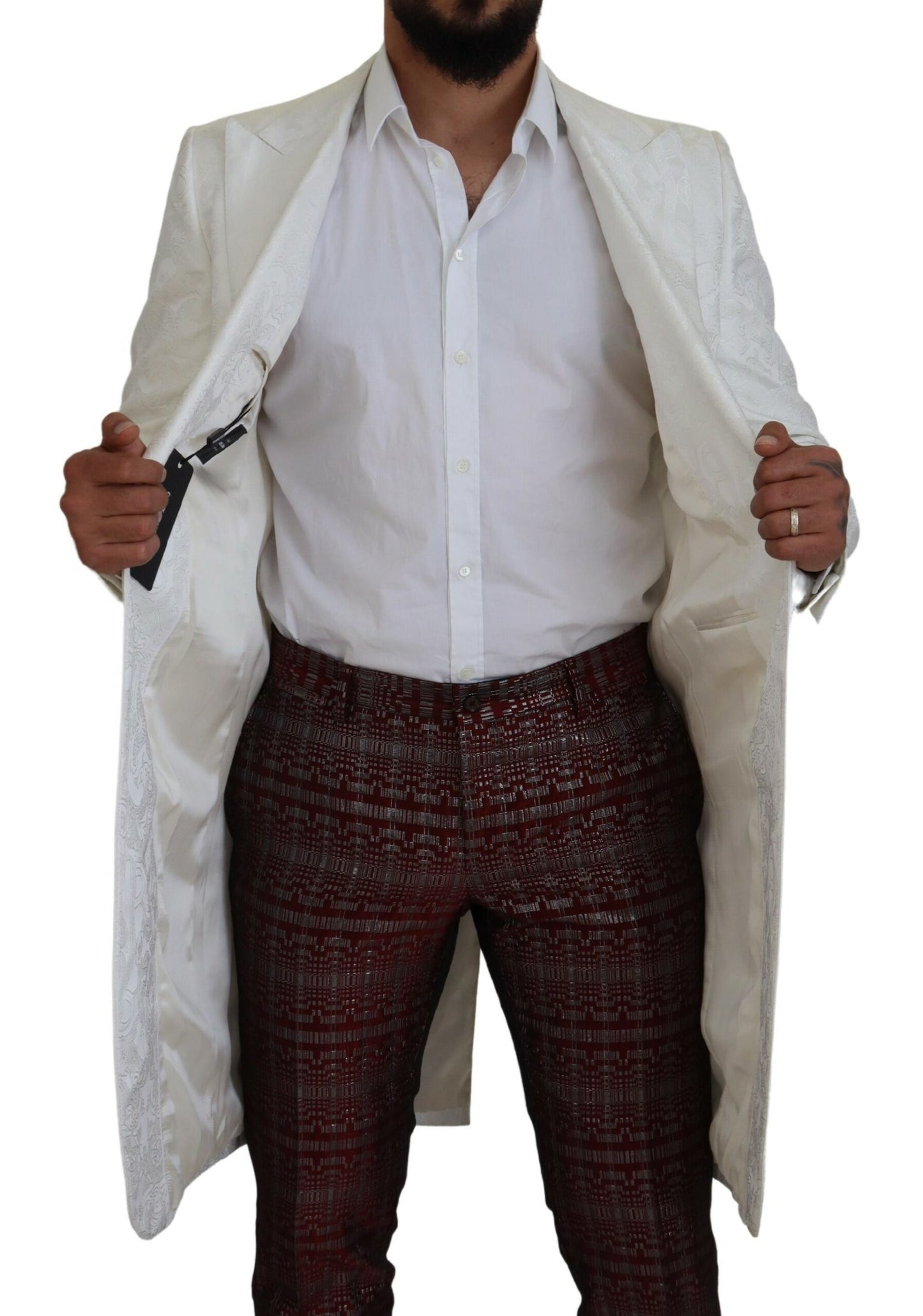 White Floral Brocade Trench Coat Jacket