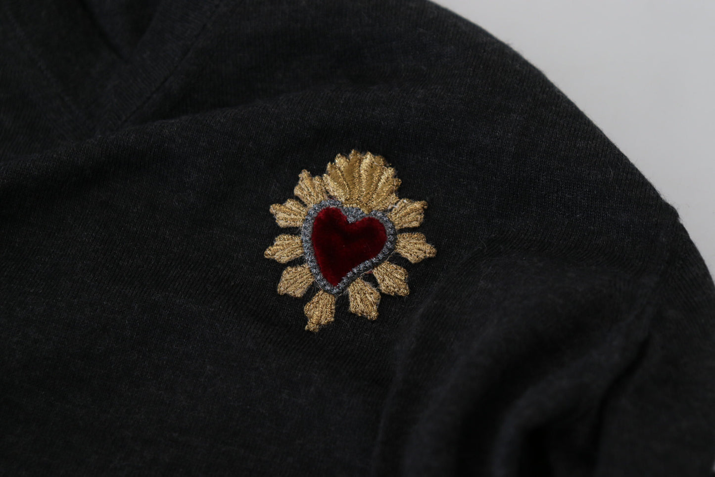 Gray Cashmere V-neck Gold Heart Sweater