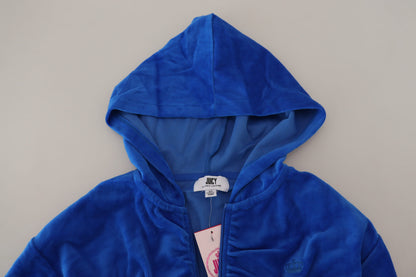 Blue Cotton Full Zip Cropped Hooded Sweatshirt Sweater