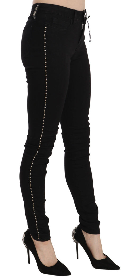 Black Embellished Mid Waist Skinny Denim Jeans