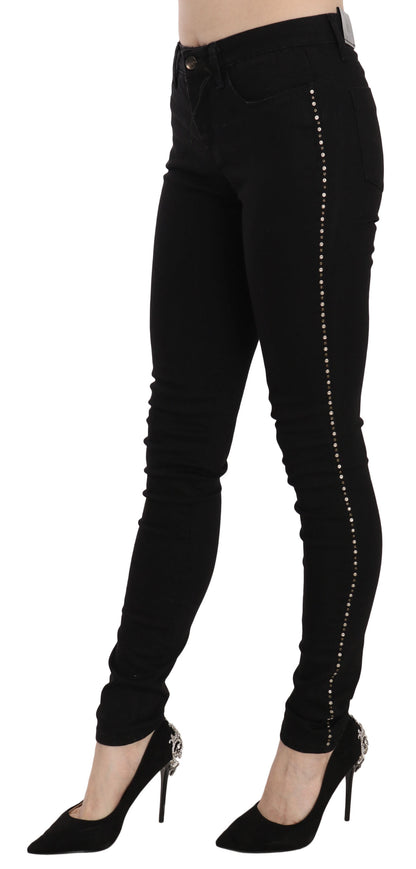 Black Embellished Mid Waist Skinny Denim Jeans