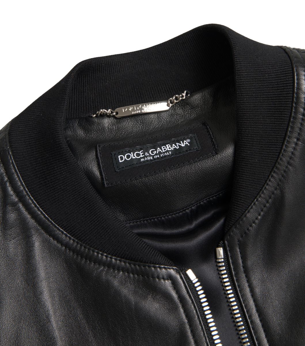 Black Leather Full Zip Bomber Men Jacket