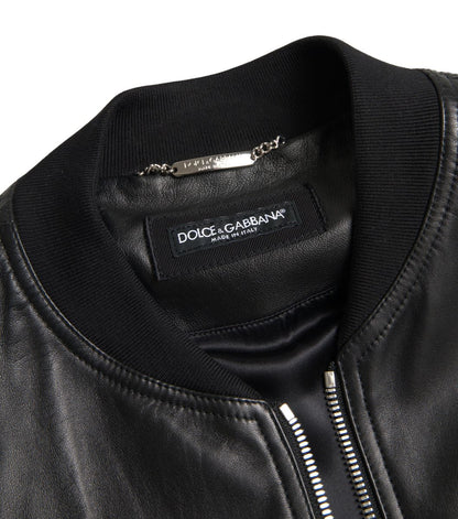 Black Leather Full Zip Bomber Men Jacket