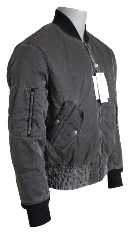 Gray Bomber Zipper Pocket Sleeves Jacket