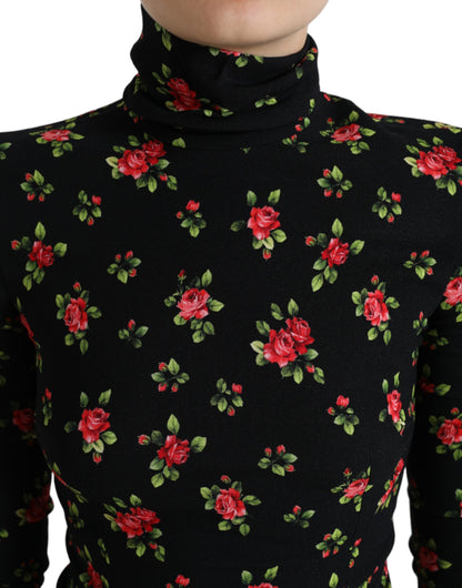 Black Rose Print Turtle Neck Blouse Top