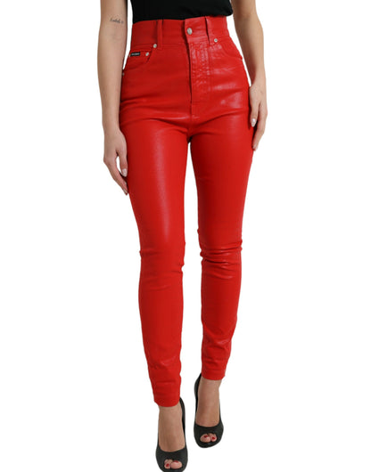Red Cotton High Waist Skinny Denim Jeans