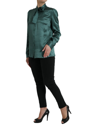 Dark Green Silk Ascot Collar Blouse Top