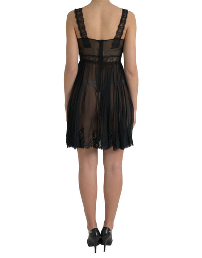 Black Silk Pleated Lace Chiffon Mini Dress
